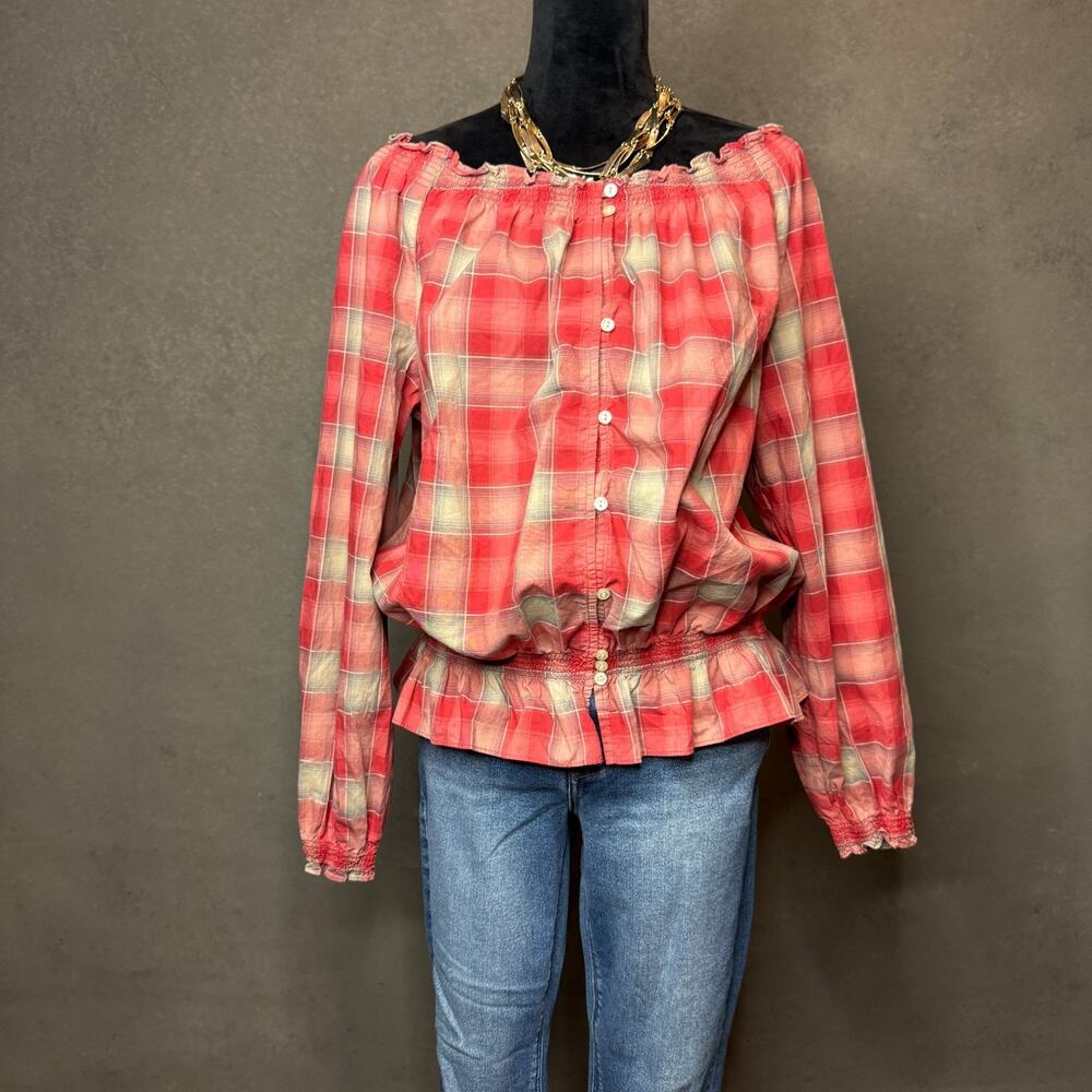Lauren Jeans Co Plaid Off Shoulder Peasant Blouse 1X Pink Boho Cotton Top